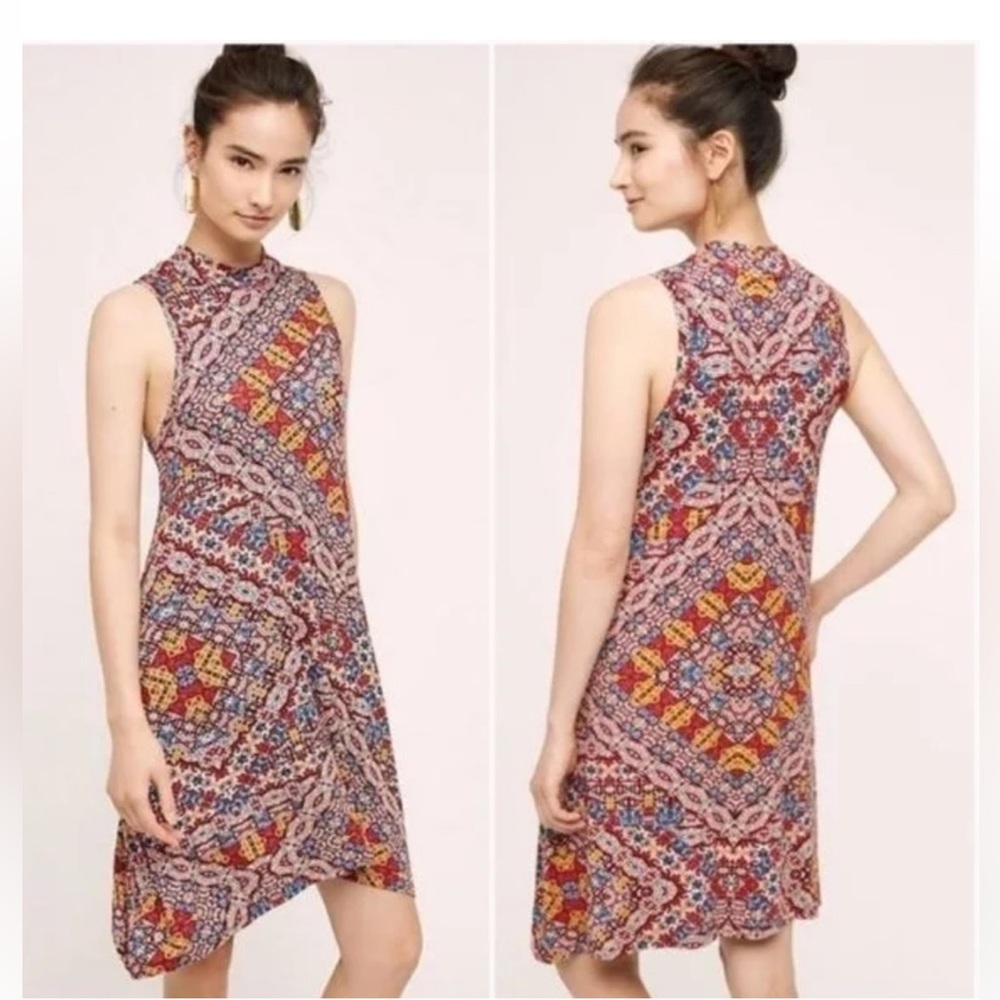 Anthropologie | Maeve | Red Blue Tan Bohemian Lilt Swing Dress Size L Large